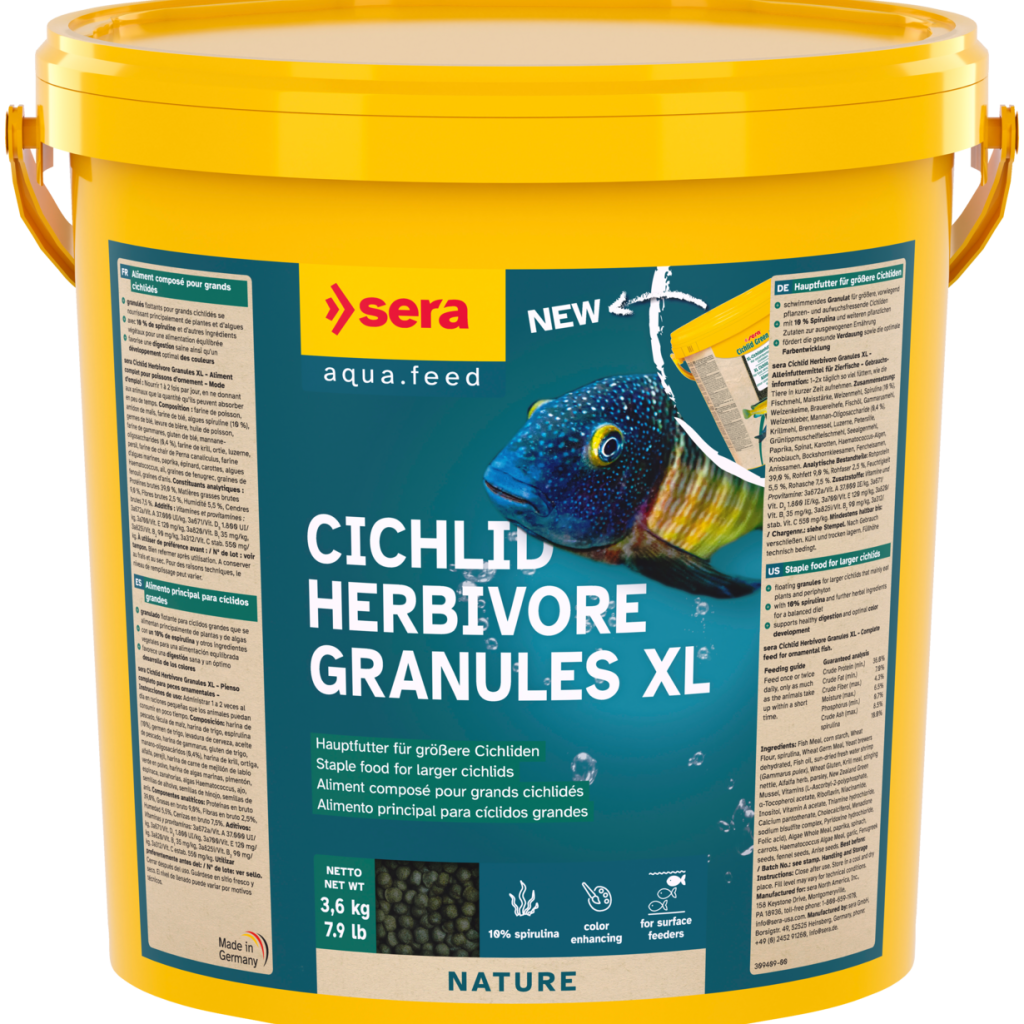 Embalagem sera Cichlid Herbivore Granules XL 10 L, 3,6 kg