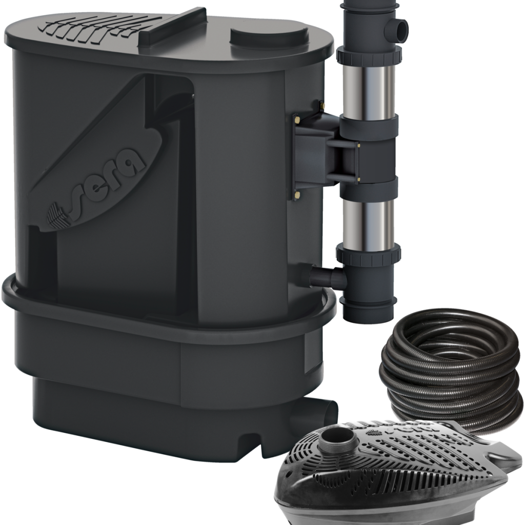 Conjunto sera KOI Professional 12000 antracite com UV-C 55 W, bomba PP 12000 e mangueira