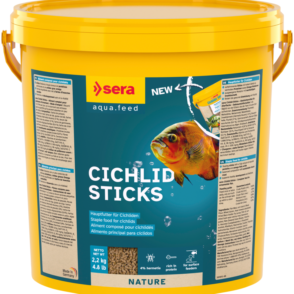 Embalagem sera Cichlid Sticks 10 litros, peso líquido 2,2 kg