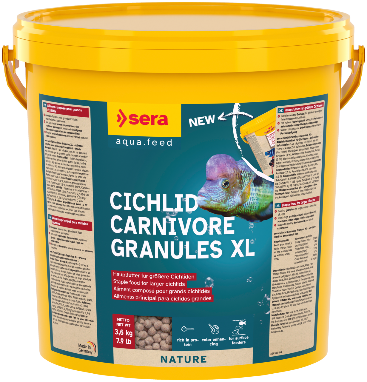 Embalagem sera Cichlid Carnivore Granules XL 10 L, 3,6 kg