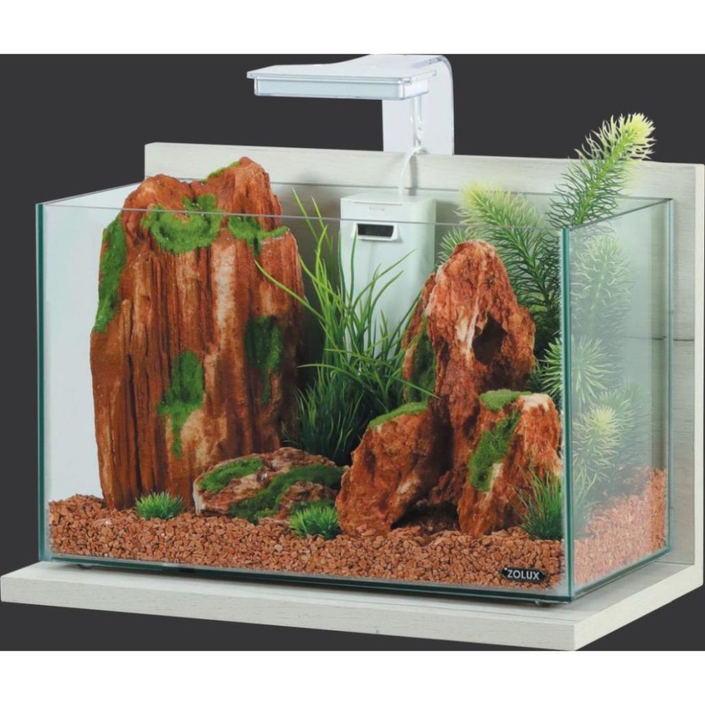 Aquário Zolux IDRO 20 branco com base de madeira, iluminação e filtro; decoração ilustrativa