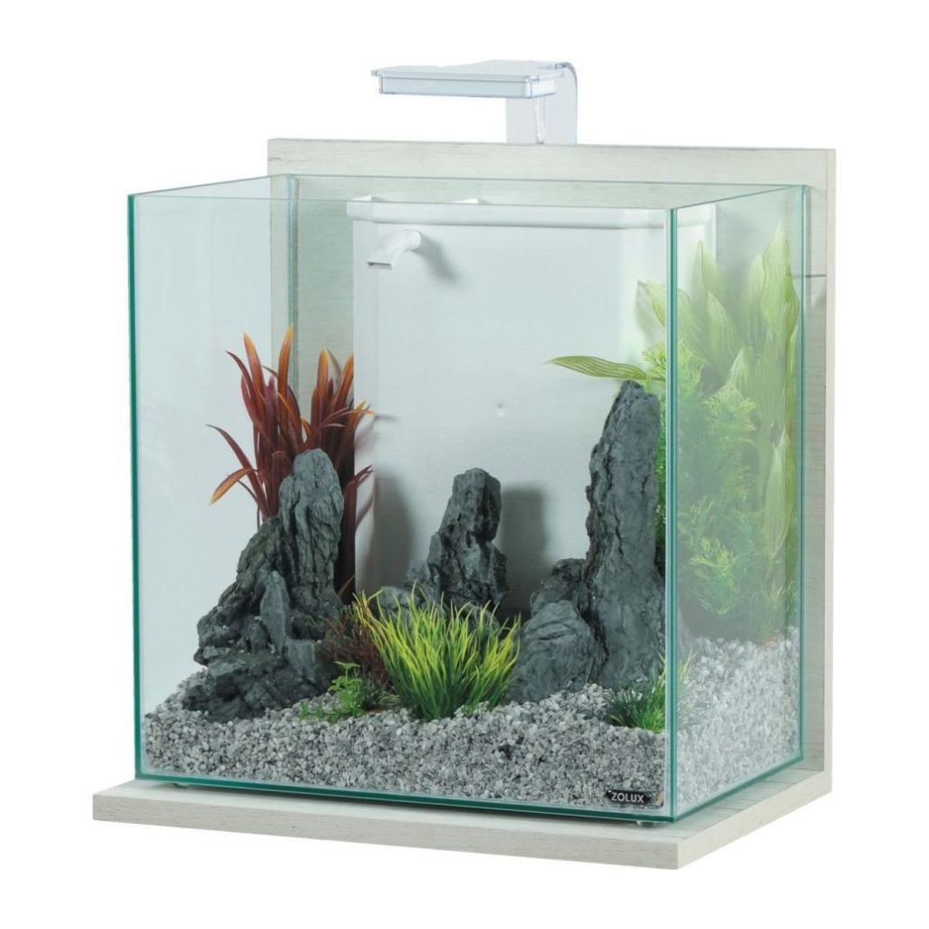 Aquário Zolux IDRO 40 branco com base de madeira, LED e filtro; decoração ilustrativa