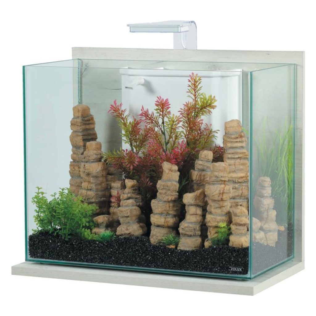 Aquário Zolux IDRO 50 branco com base de madeira, LED e filtro; decoração ilustrativa