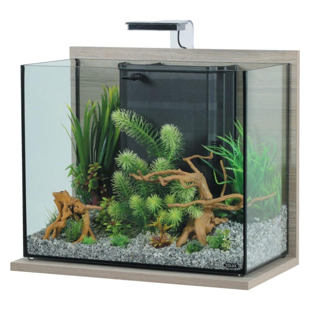 Aquário Zolux IDRO 50 cinzento com base zebrano e equipamento preto; decoração ilustrativa