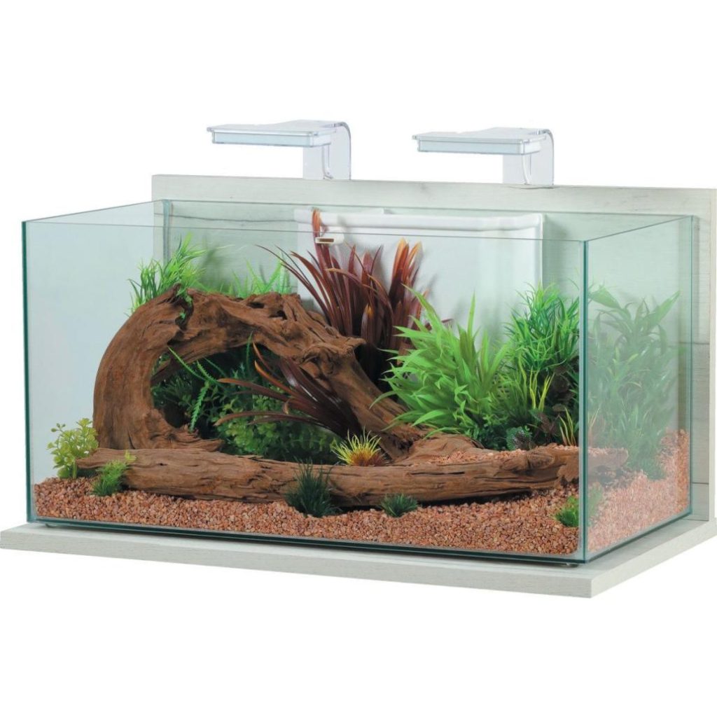 Aquário Zolux IDRO 60 branco de 55 L com iluminação LED e base de madeira; decoração ilustrativa