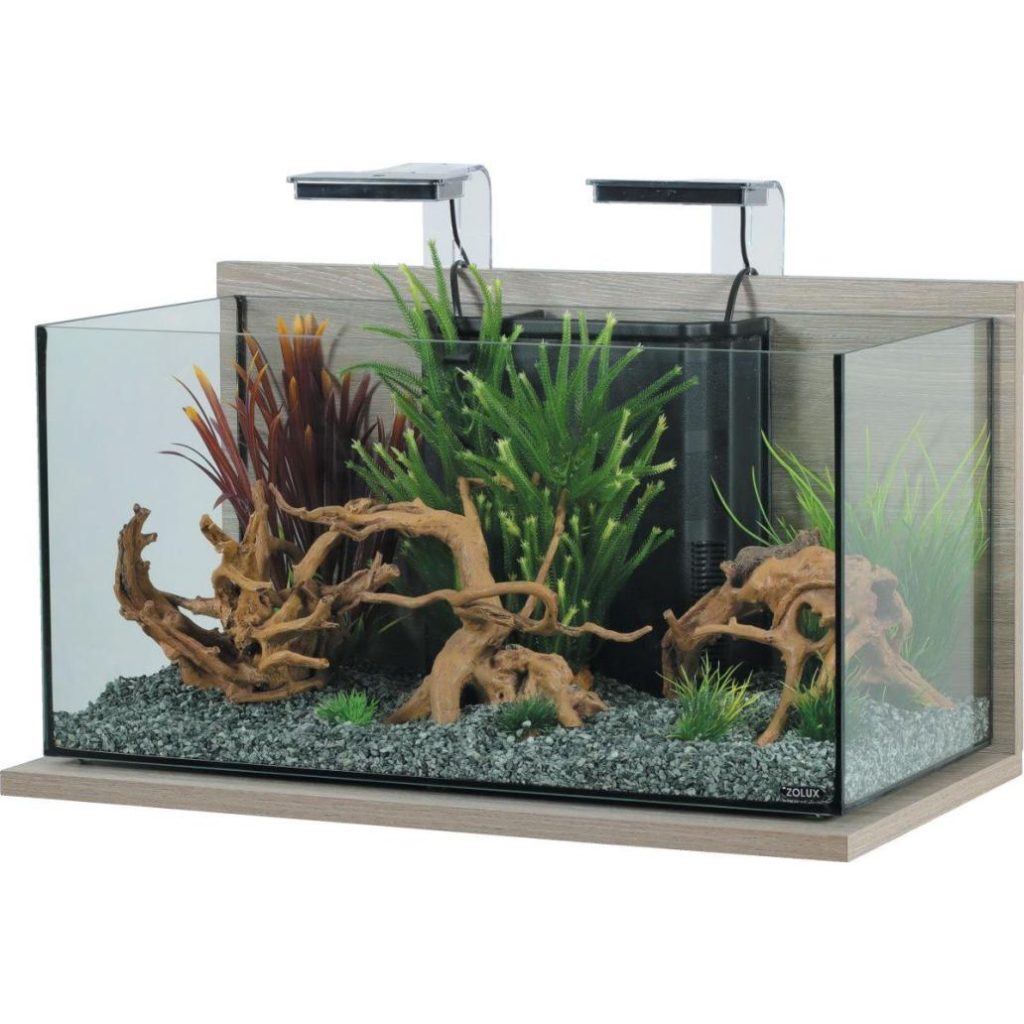 Aquário Zolux IDRO 60 cinzento de 55 L com iluminação LED e base zebrano; decoração ilustrativa