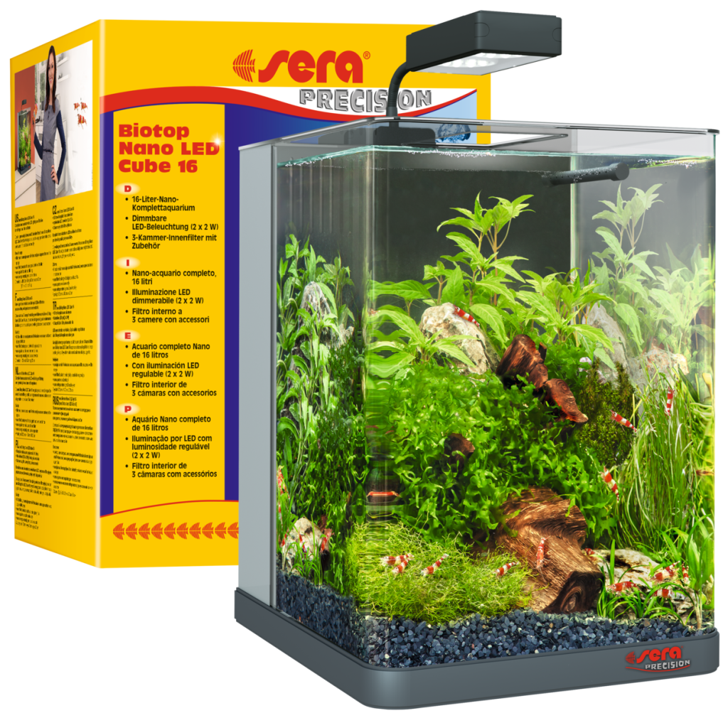 Aquário Sera Biotop Nano LED Cube 16 com iluminação e embalagem