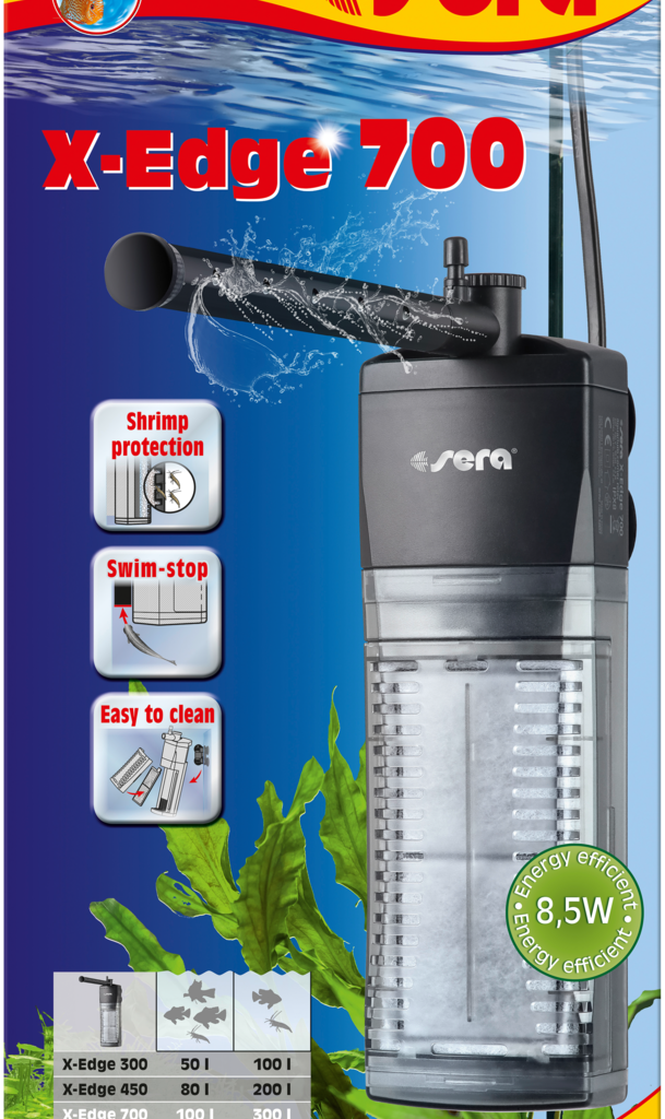 Embalagem do filtro interno de canto sera X-Edge 700, caudal 700 L/h e potência 8,5 W
